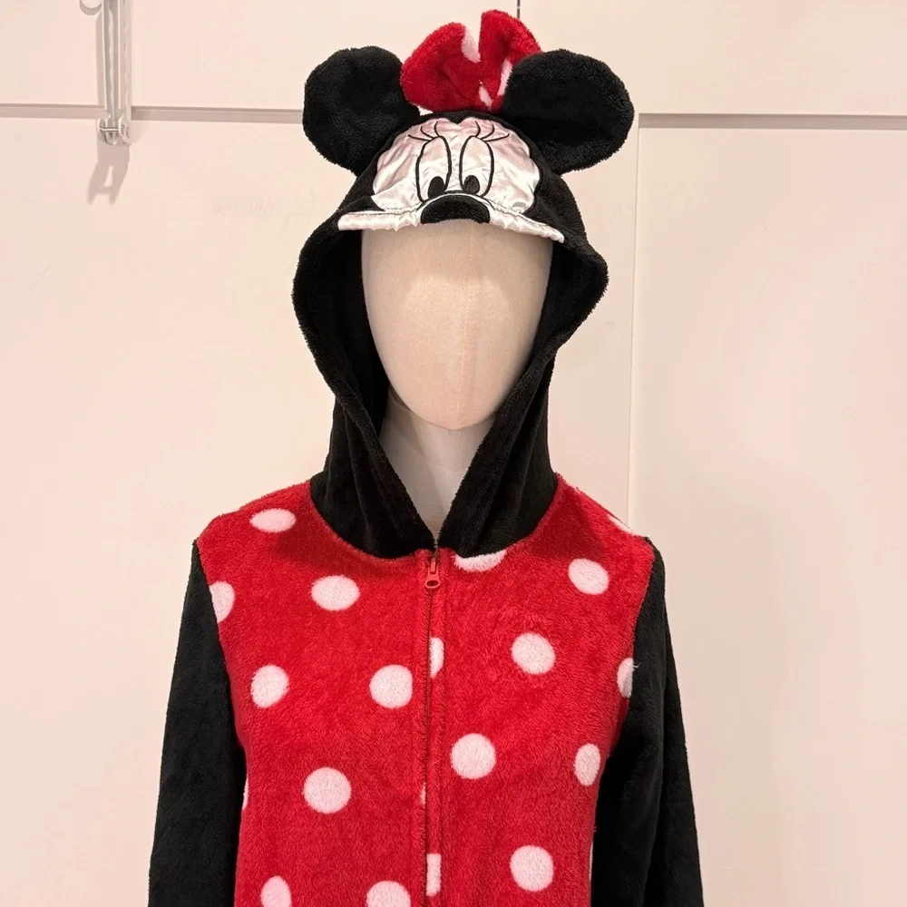 Disney Minnie Mouse Women’s Onesie Pajamas Medium Jumpsuit Red Polka Dot Costume - Picture 4 of 11